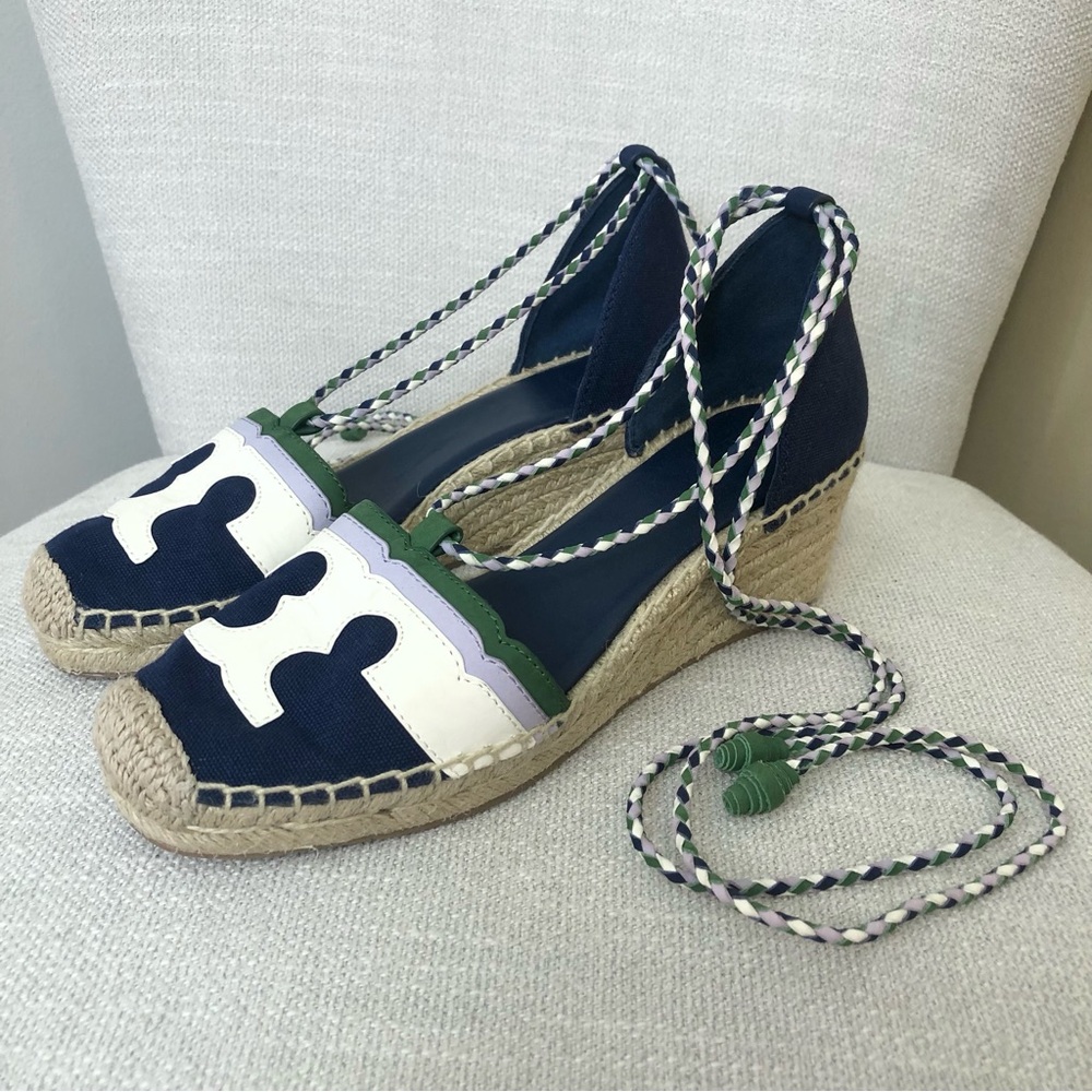 Tory Burch Navy and White Wedges